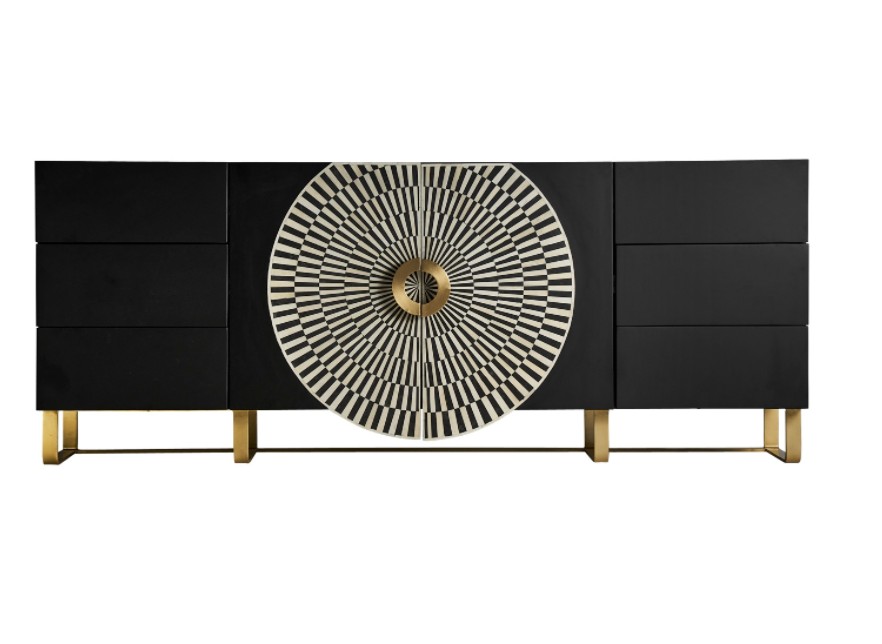 Levně Estila Art-deco exkluzivní příborník Caderina černé barvy se zlatými prvky ze dřeva a kovu 200cm