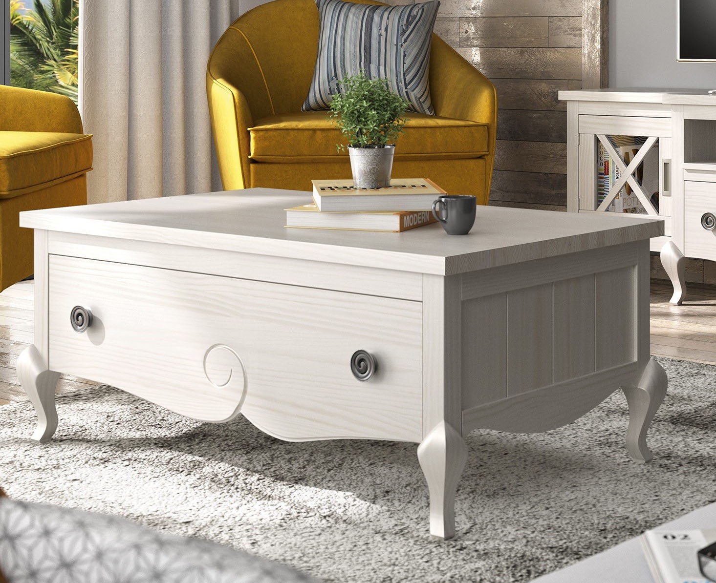 Estila Luxusní konferenční stolek Volga z masivního dřeva se zásuvkou a vysouvatelnou povrchovou deskou 112cm