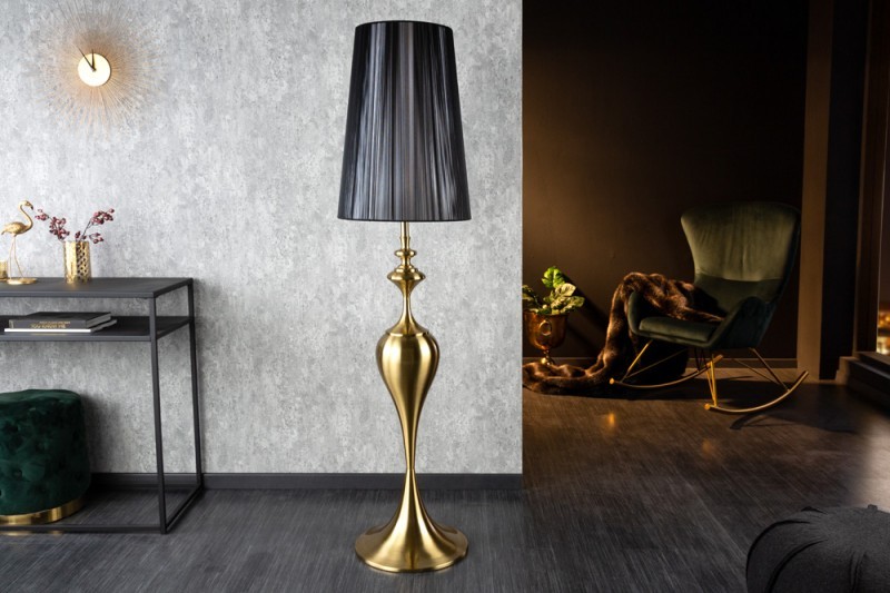 Levně Estila Moderní designová stojací lampa Lucie ve zlatém provedení z kovu s černým stínítkem 160cm