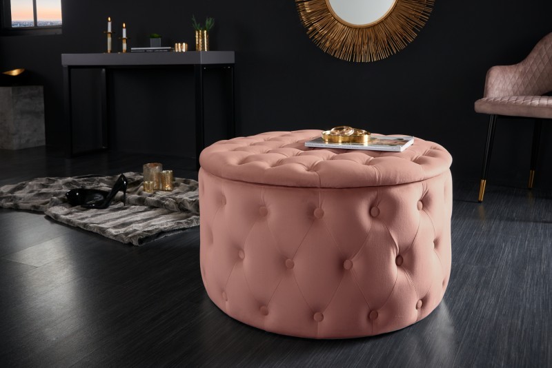 Estila Elegantní moderní taburetka do obývacího pokoje Modern Barock kulatého tvaru se starorůžovým sametovým potahem 75cm