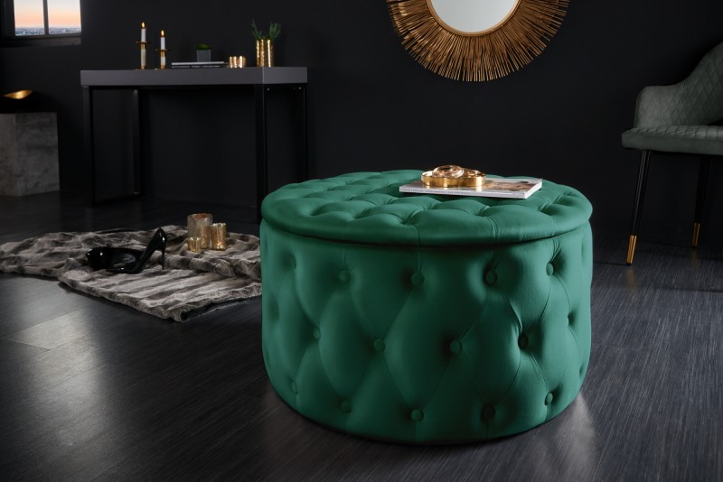 Levně Estila Designová kruhová taburetka do obývacího pokoje Modern Barock v zelené barvě se sametovým čalouněním 75cm