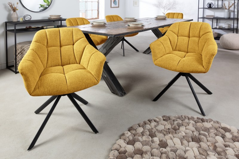 Levně Estila Moderní otočná jídelní židle Mariposa se žlutým čalouněním a černými kovovými nohami 83cm