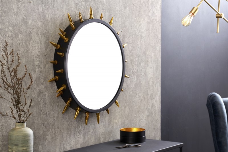 Levně Estila Extravagantní moderní nástěnné zrcadlo Ekkart kruhového tvaru s černým rámem se zlatými ostny 66cm
