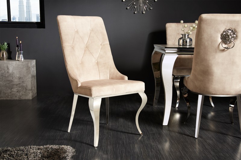 Levně Estila Exkluzivní moderní jídelní židle Glamour se sametovým béžovým čalouněním a stříbrnými chromovými nohami 102cm