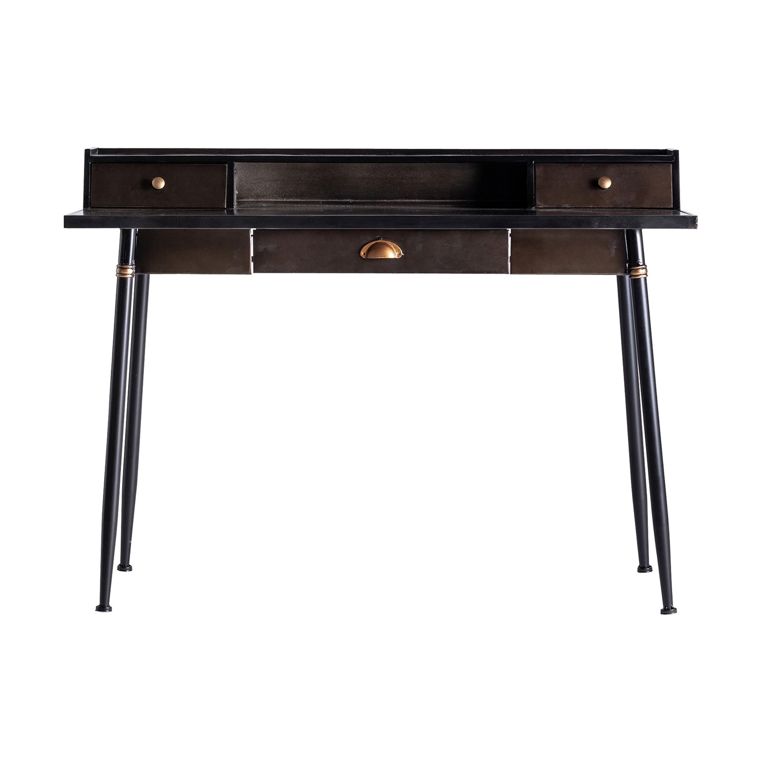 Levně Estila Industriální psací stolek do kanceláře Islip z kovu v tmavě hnědé barvě se zásuvkami 120cm