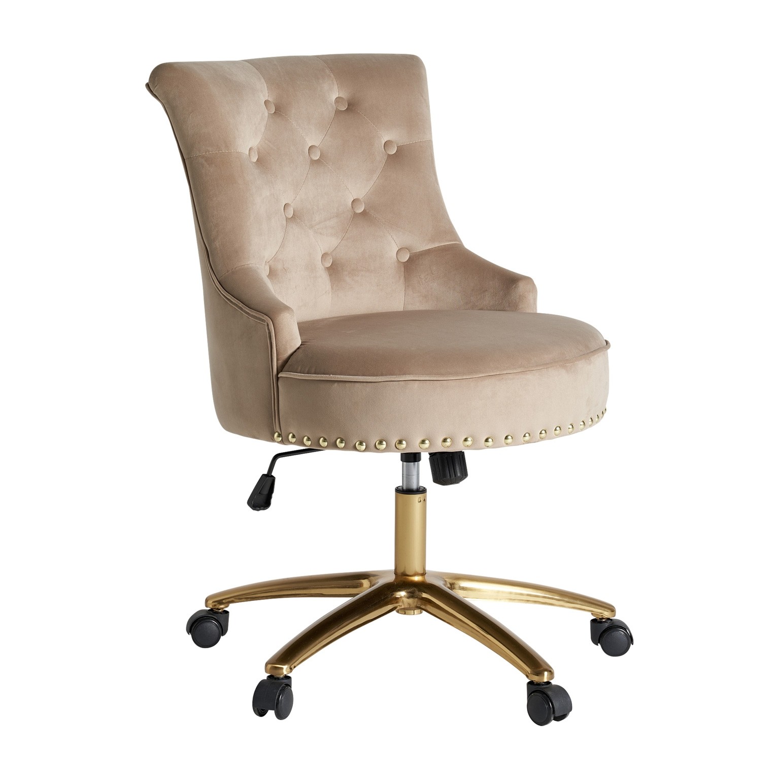 Estila Art-deco otočná židle Portkey se sametovým čalouněním v barvě latte a se zlatou kovovou konstrukcí 88cm