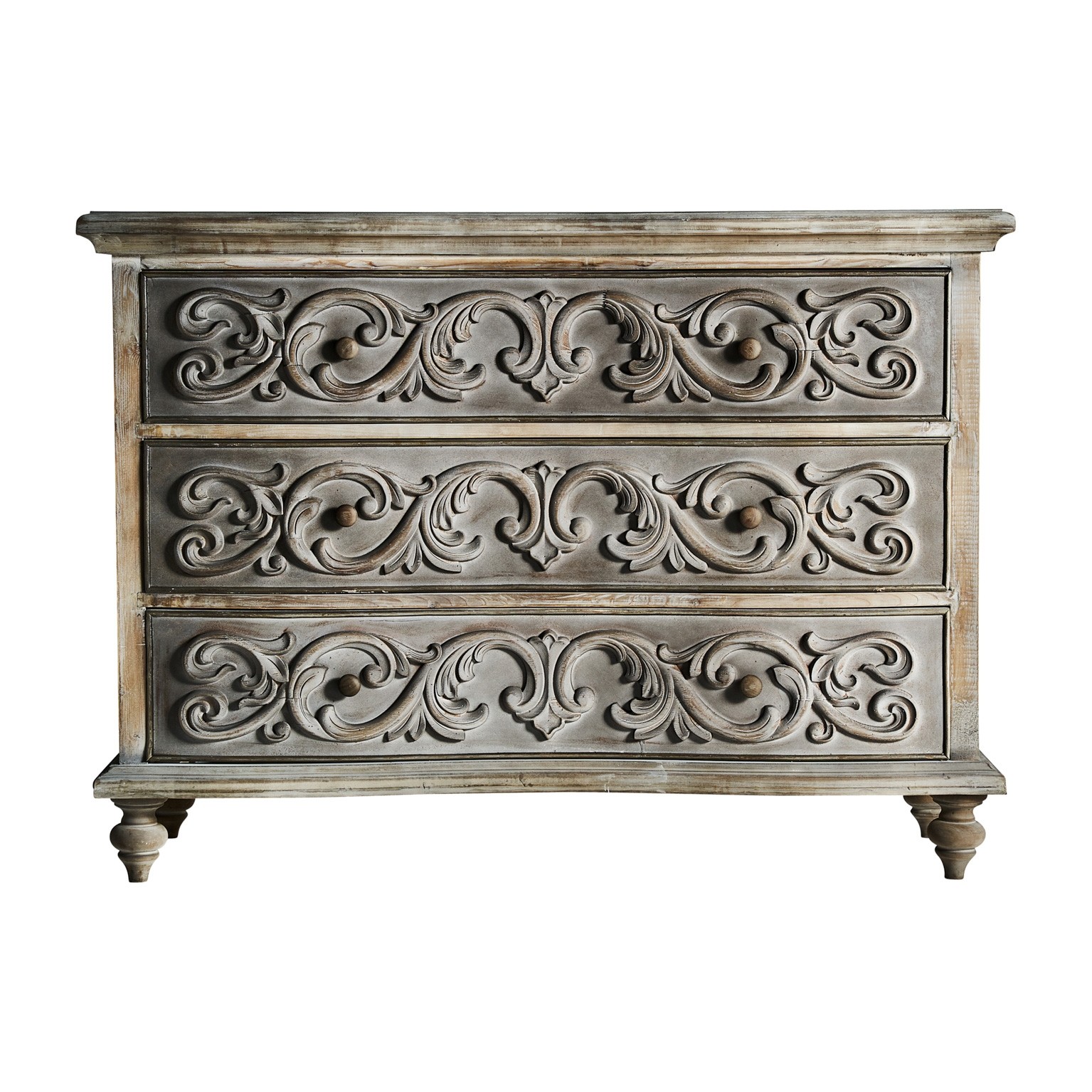 Estila Rustikální masivní komoda Deborah do ložnice se třemi zásuvkami s florálním vyřezáváním 124cm