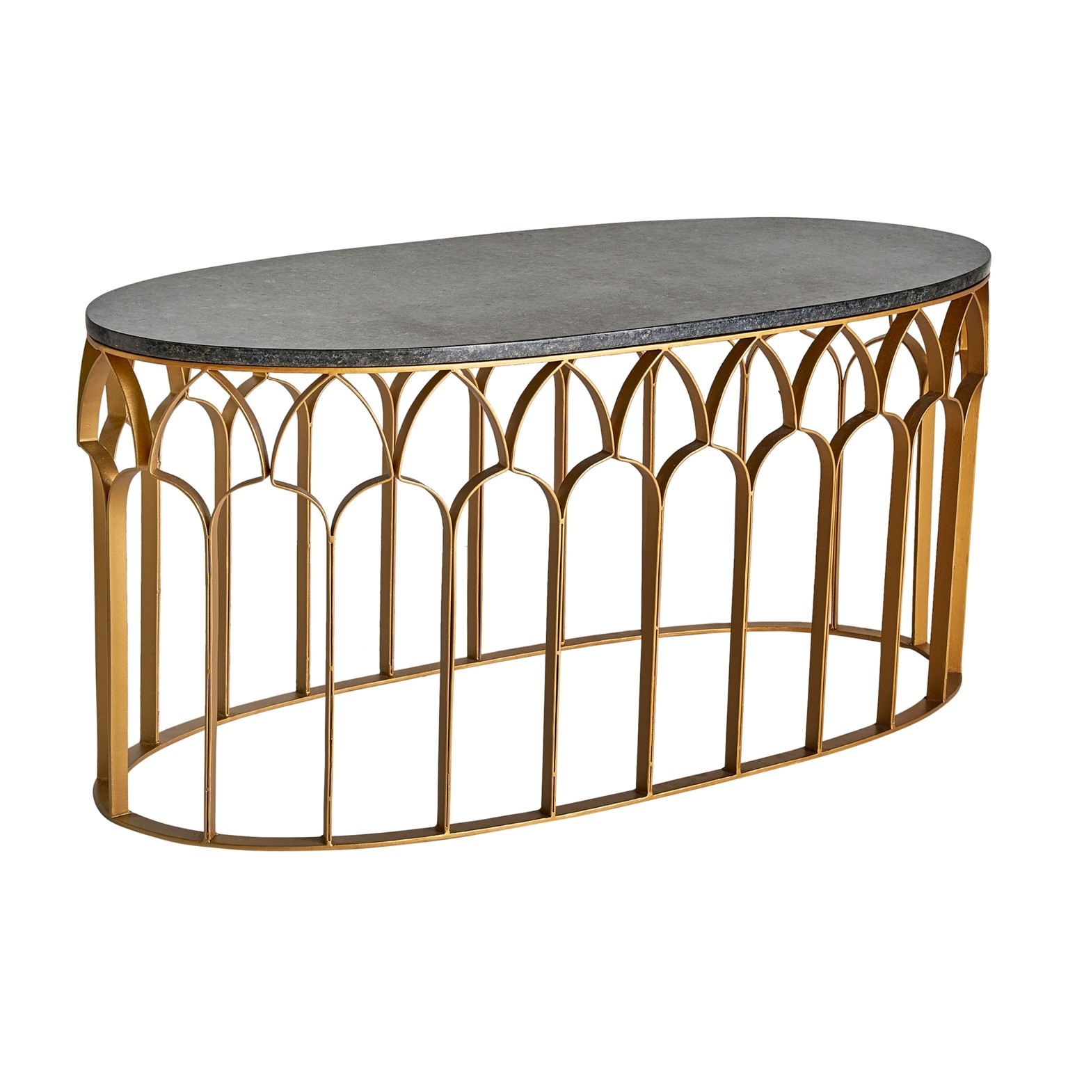 Levně Estila Luxusní art-deco mramorový konferenční stolek Amuny v tmavě šedém oválném provedení se zlatou kovovou podstavou 107cm