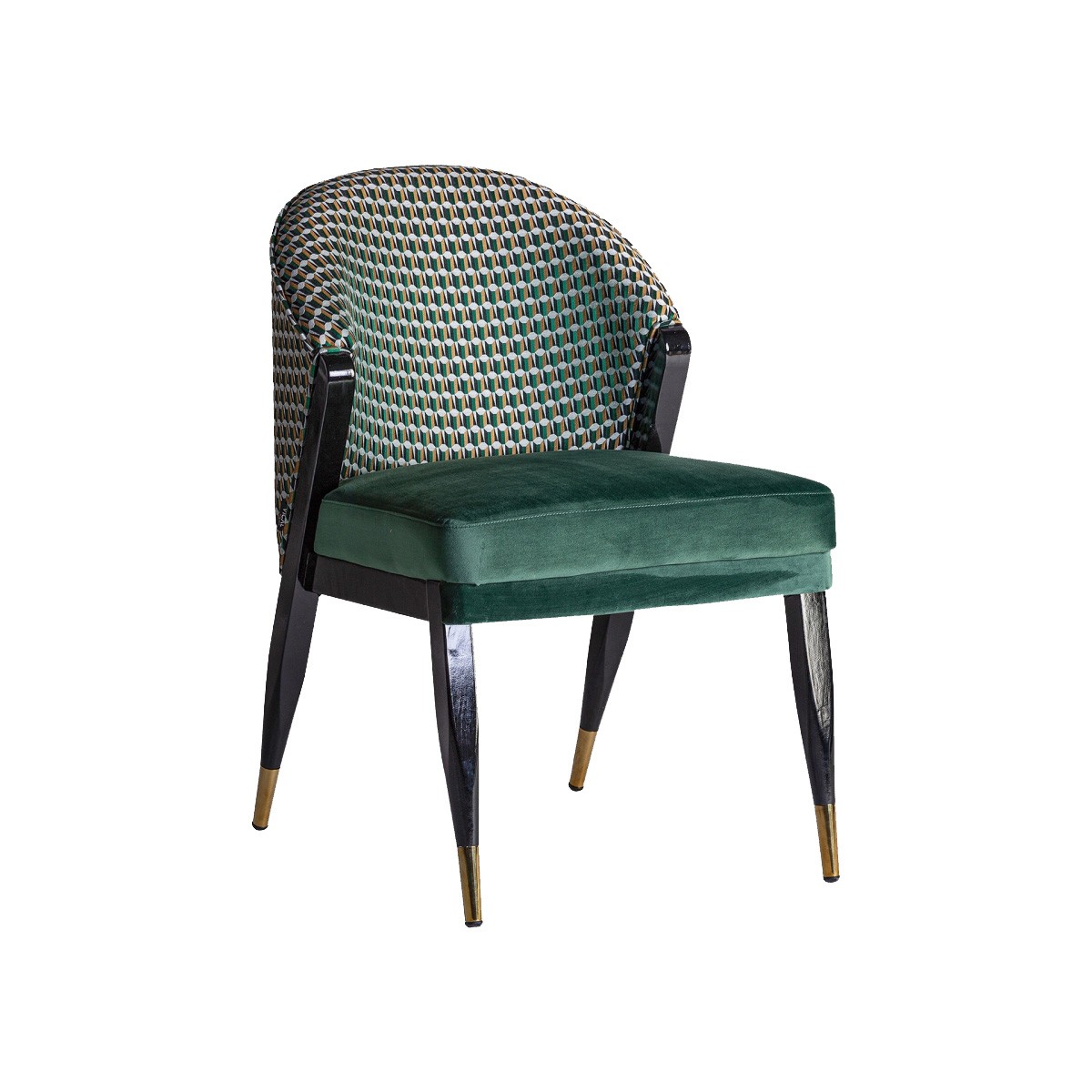 Levně Estila Art-deco designová čalouněná jídelní židle Brilon s potahem ze sametu se vzorem zelené barvy na černo-zlatých nohou 84cm