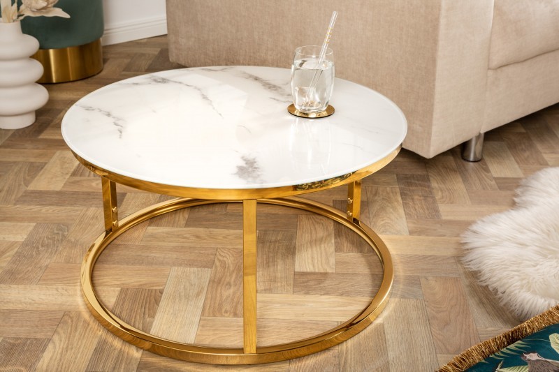 Estila Stylový kulatý bílý příruční stolek Gold Marbleux v art-deco mramorovém provedení se zlatou podstavou z kovu 60cm