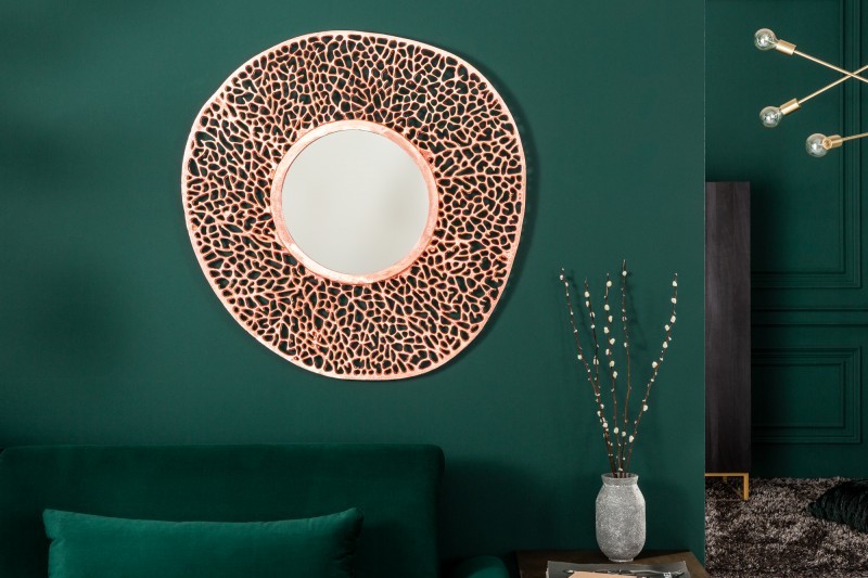 Levně Estila Designové kulaté nástěnné zrcadlo Hoja s kovovým rámem měděné barvy 112cm