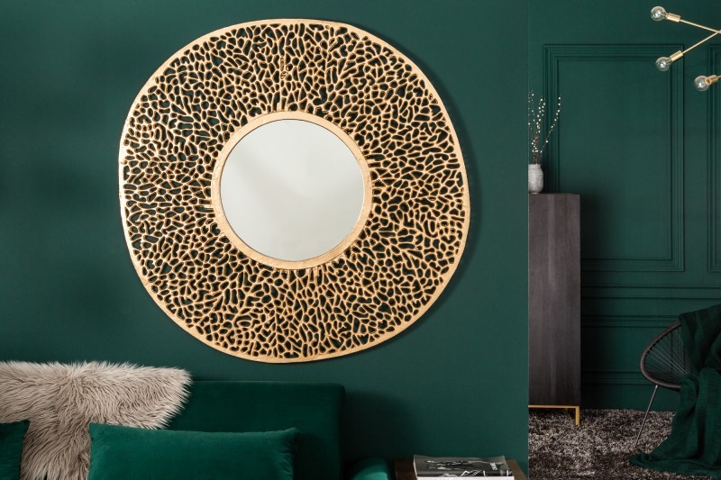Estila Designové závěsné art-deco zrcadlo Hoja kulatého tvaru z kovové slitiny ve zlaté barvě 112cm