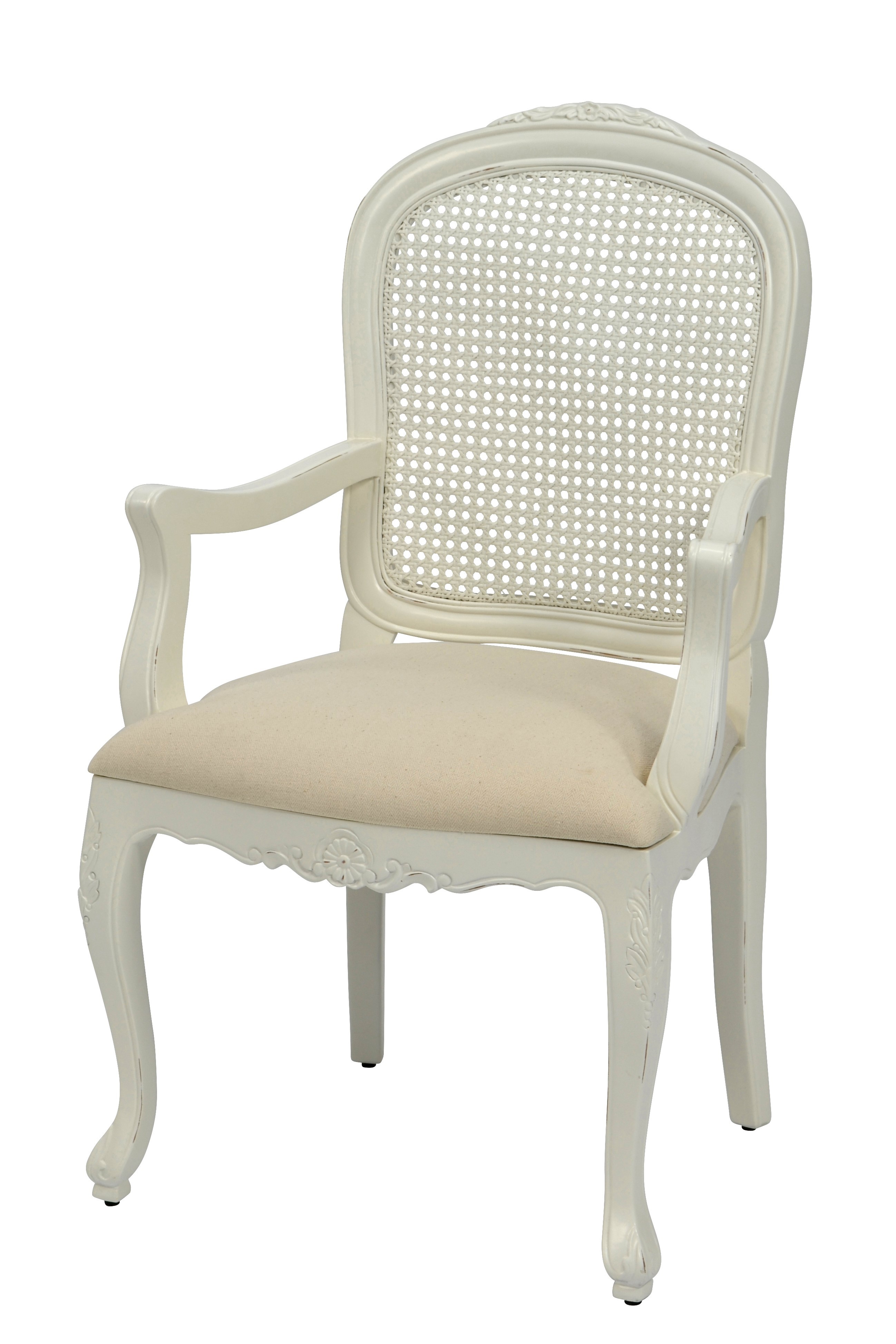 Levně Estila Provence bíla jídelní židle Preciosa s čalouněním se vyřezávanými opěrkami s ratanovým výpletem 99cm