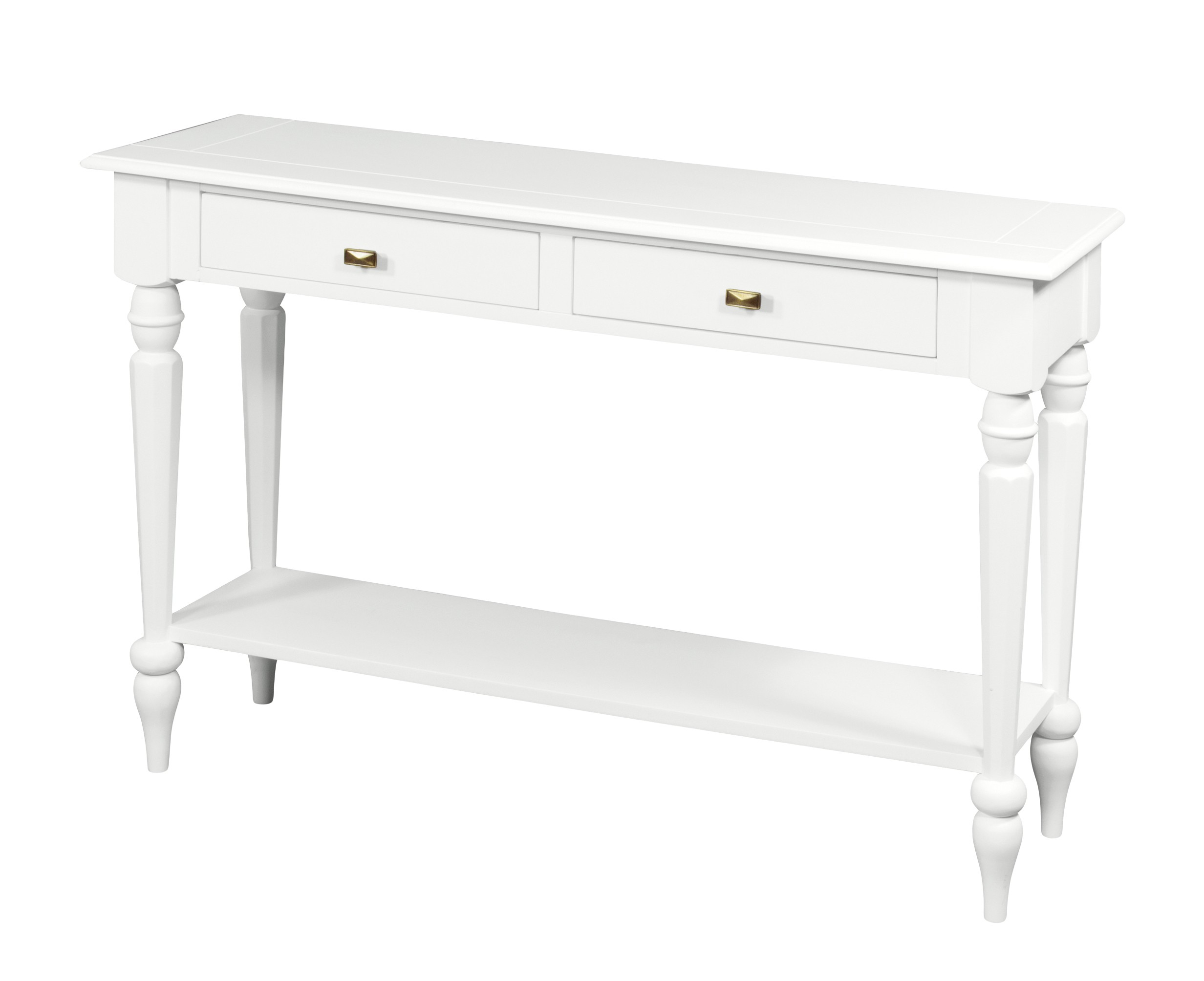 Estila Provensálský konzolový stolek Belliene v bílé barvě se dvěma zásuvkami a vyřezávanými nožičkami 120cm