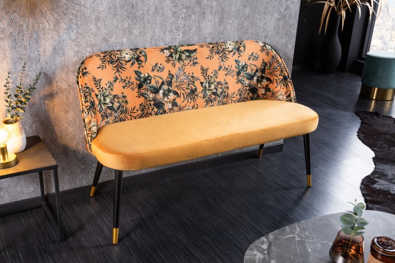 Levně Estila Art-deco stylová lavice Floreque do předsíně se sametovým žlutým potahem s květinovým vzorem 130cm