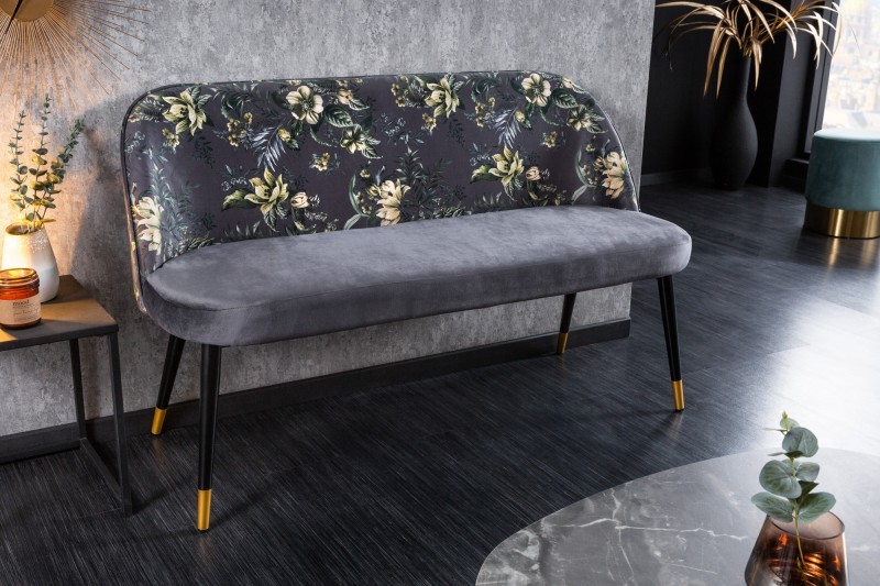 Estila Moderní art-deco čalouněná lavice Floreque do předsíně s šedým sametovým potahem s florálním motivem 130cm