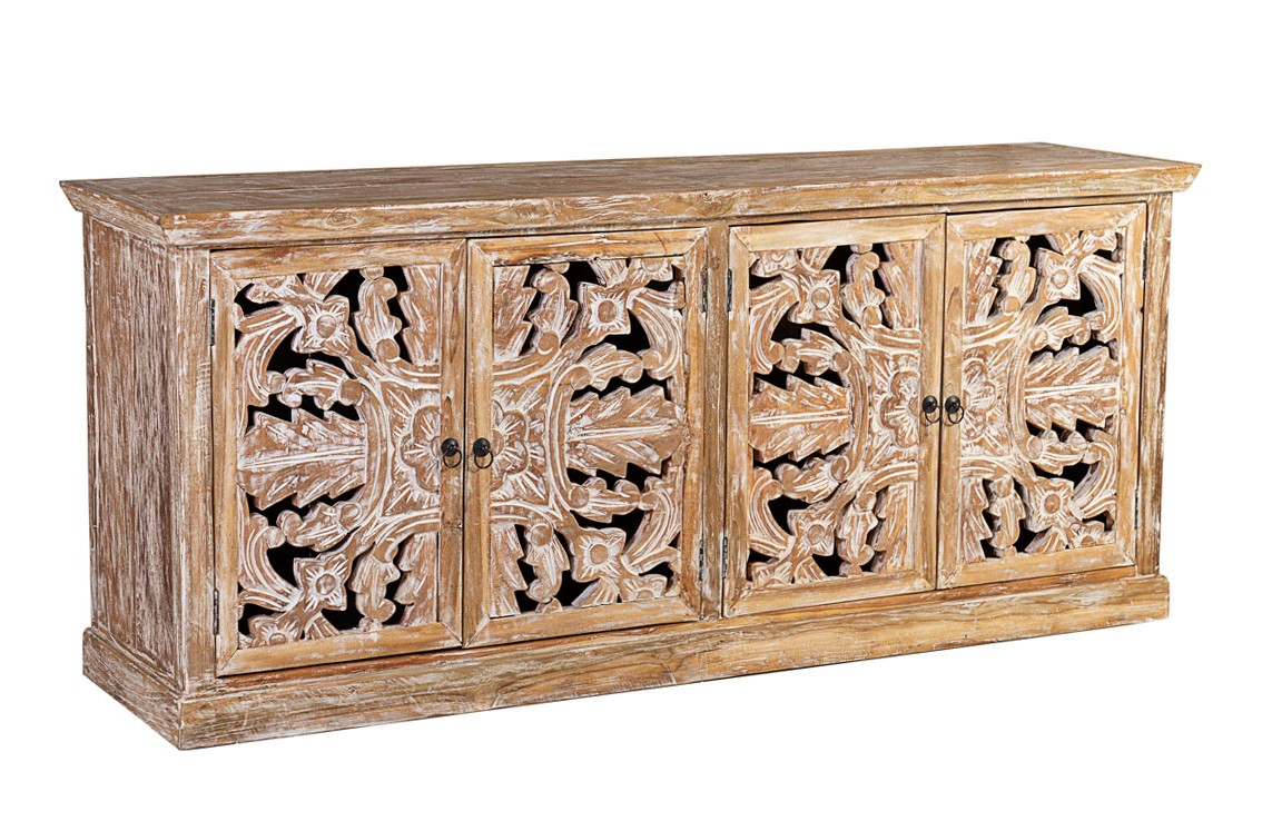 Estila Ručně vyřezávaný nízký koloniální příborník Talia se dvěma dvoukřídlými dvířky a úložným prostorem 180cm