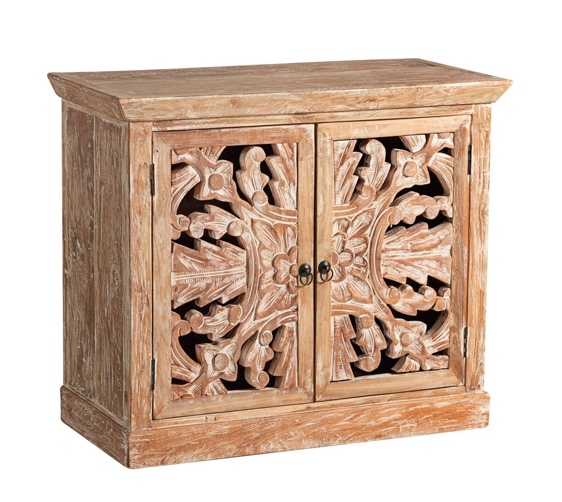 Estila Designový koloniální příborník Talia s dvoukřídlými ručně zdobenými dvířky a černými kovovými úchyty 90cm