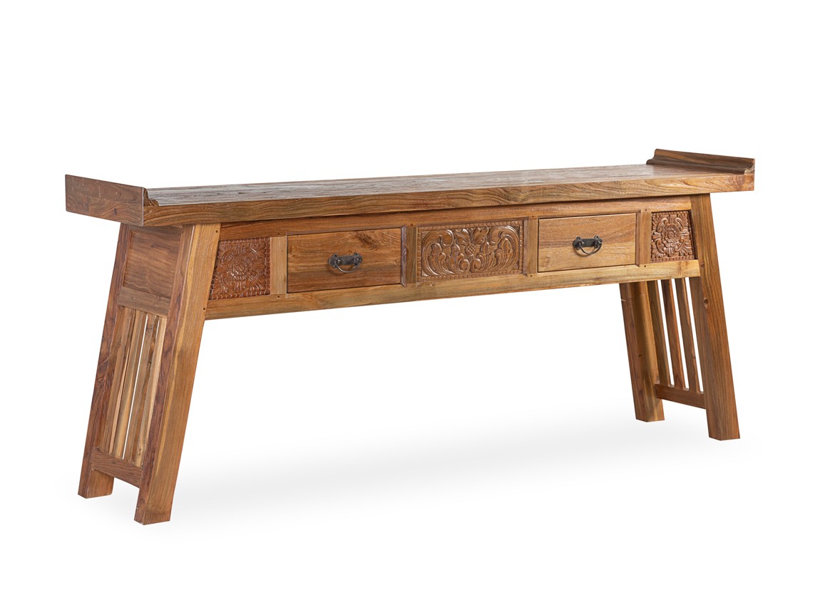 Levně Estila Koloniální konzolový stolek Talia z exoticky působícího dřeva a lesklou povrchovou úpravou se dvěma zásuvkami 200cm