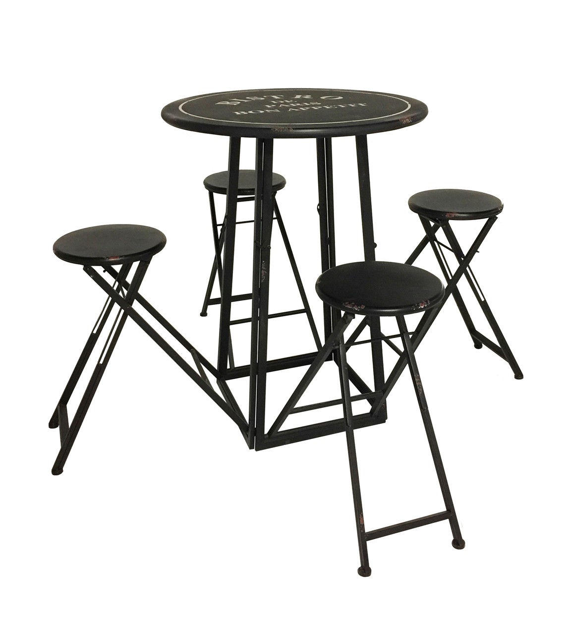 Levně Estila Kulatý barový industriální stůl se čtyřmi židlemi Stanley v černém kovovém provedení se starožitným efektem 163cm