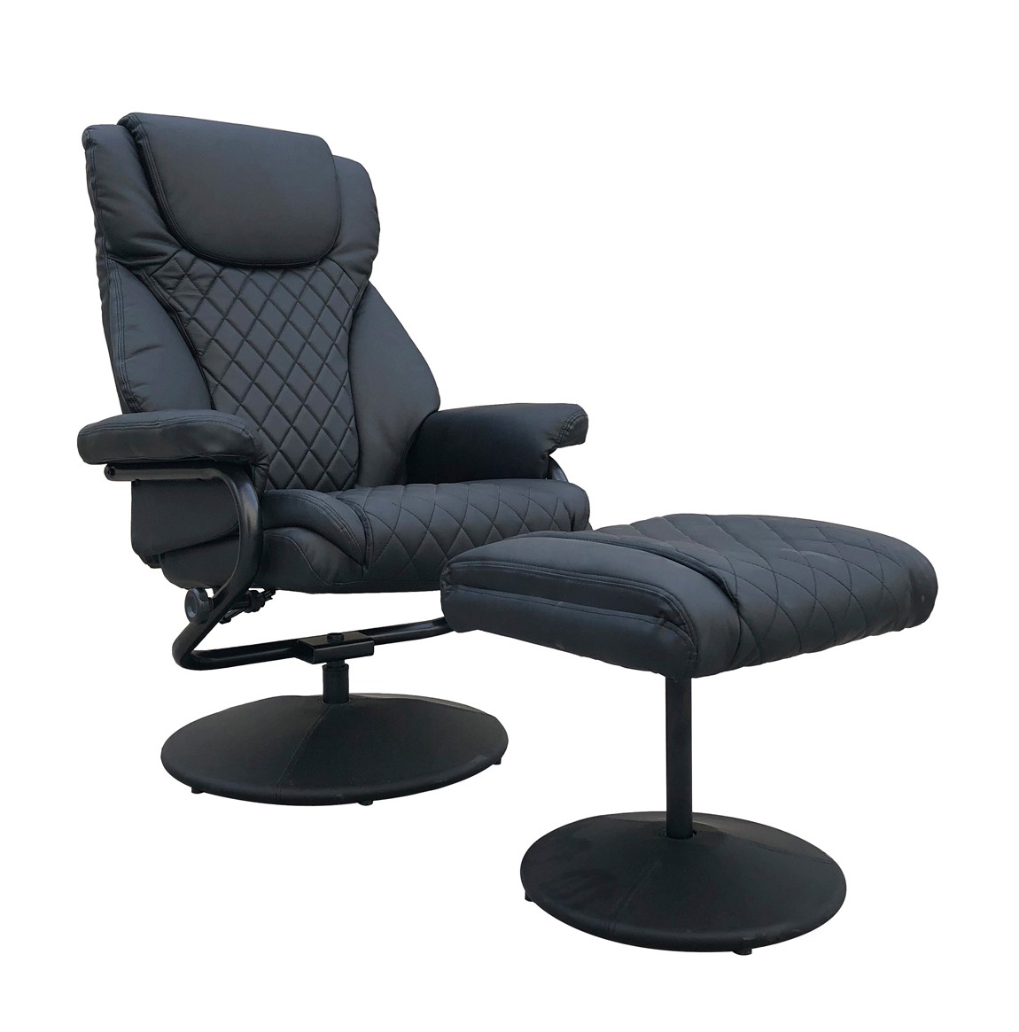 Estila Relaxační polohovatelné čalouněné kožené křeslo Valeriana v černém provedení na kulatém podstavci s podnožkou 112cm