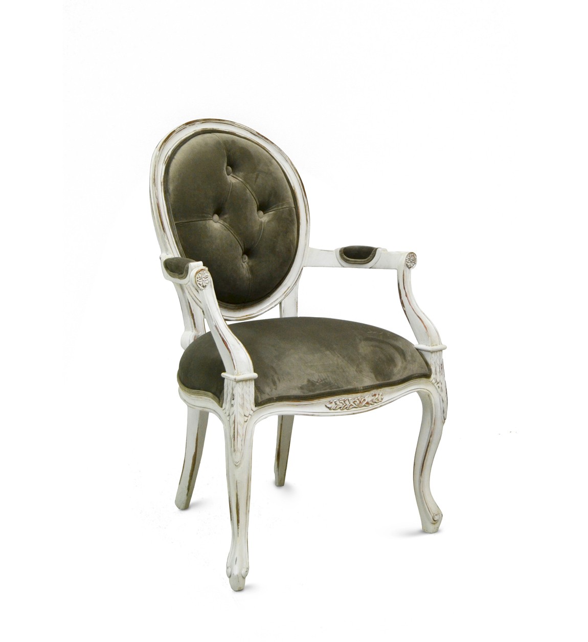 Levně Estila Luxusní čalouněná vintage židle Adrien z masivního mahagonového dřeva a bílým ošoupaným nátěrem 95cm