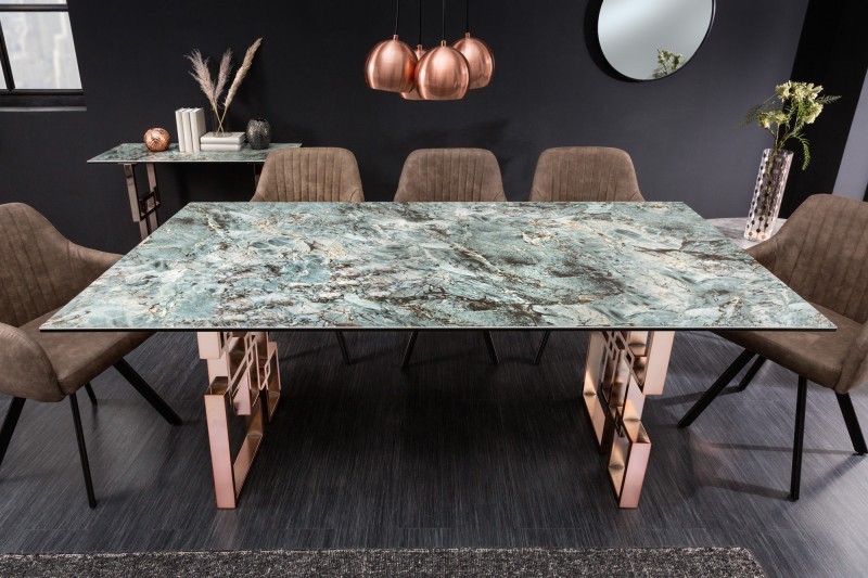 Levně Estila Art-deco obdélníkový jídelný stůl Ariana s tyrkysově modrou vrchní deskou s mramorovým vzhledem a růžovou podstavou 200cm