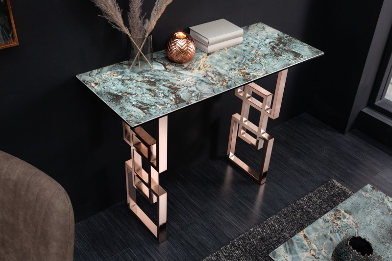 Estila Art-deco konzolový stolek Ariana s mramorovým designem na tyrkysové vrchní desce s růžově zlatou podstavou 100cm