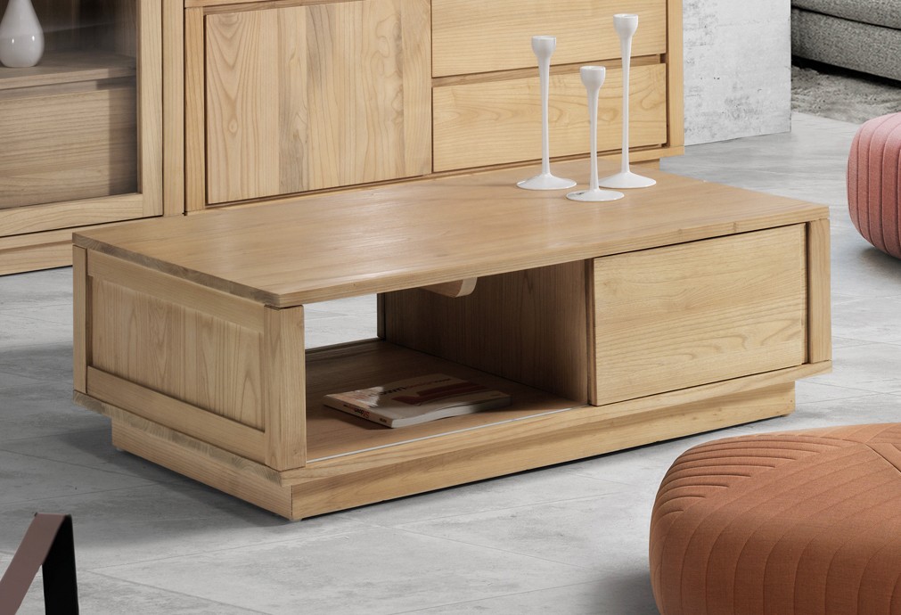 Estila Moderní skandinávský konferenční stolek Fjordar z masivu s poličkou a šuplíkem bledě hnědý obdélníkový 120cm