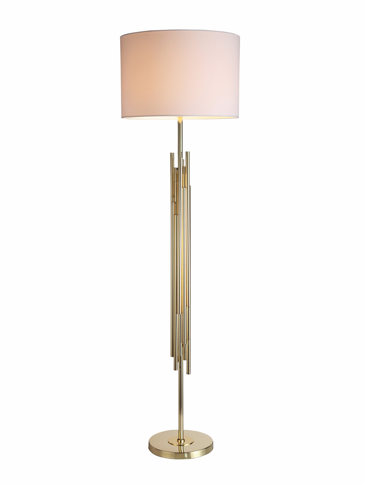 Levně Estila Moderní vysoká stojací lampa Vidar v designovém art-deco provedení ve zlaté barvě s bílým stínítkem 156cm