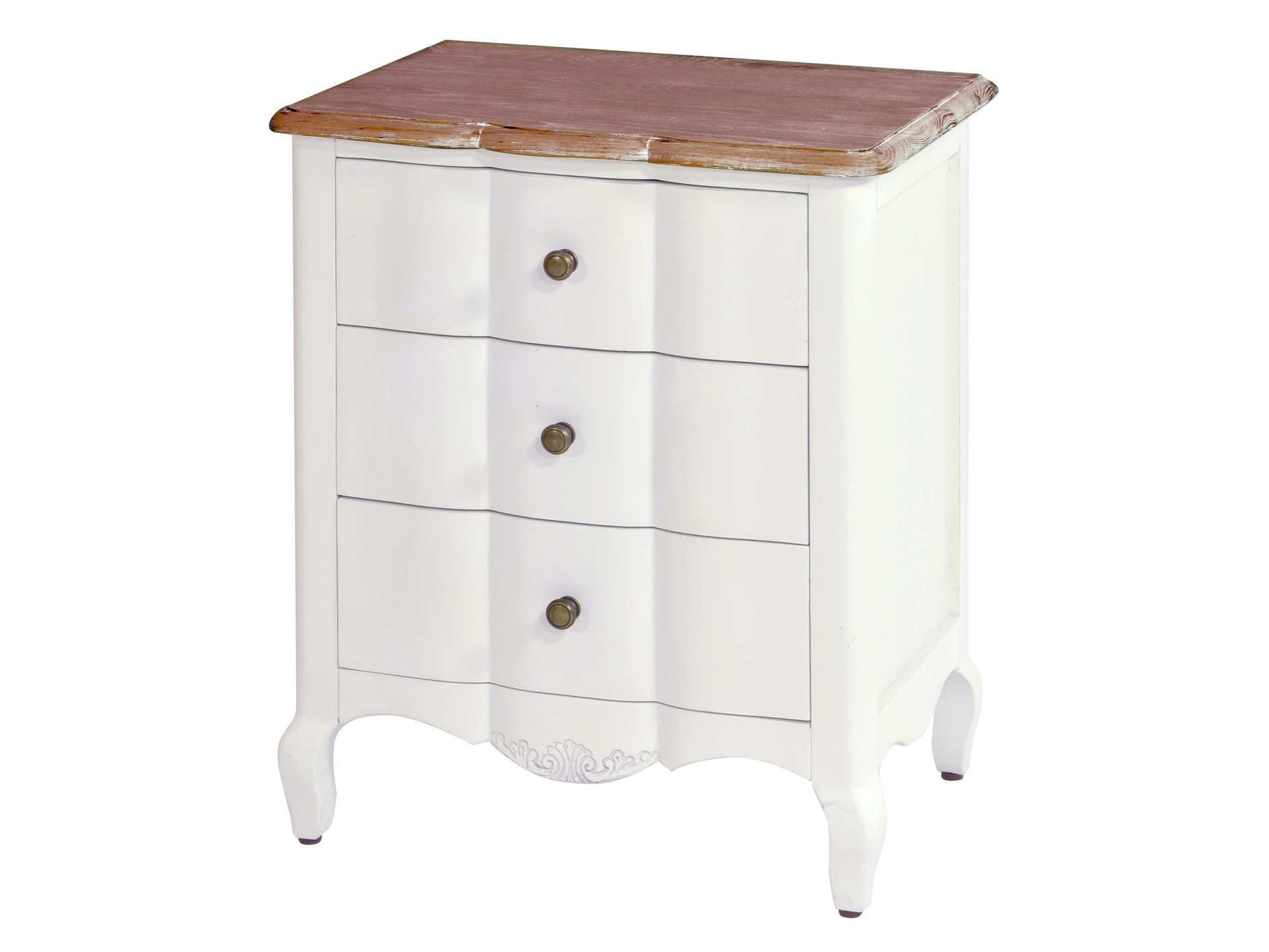 Levně Estila Bílý provence noční stolek Antibes I z masivního dřeva se třemi zásuvkami 65cm