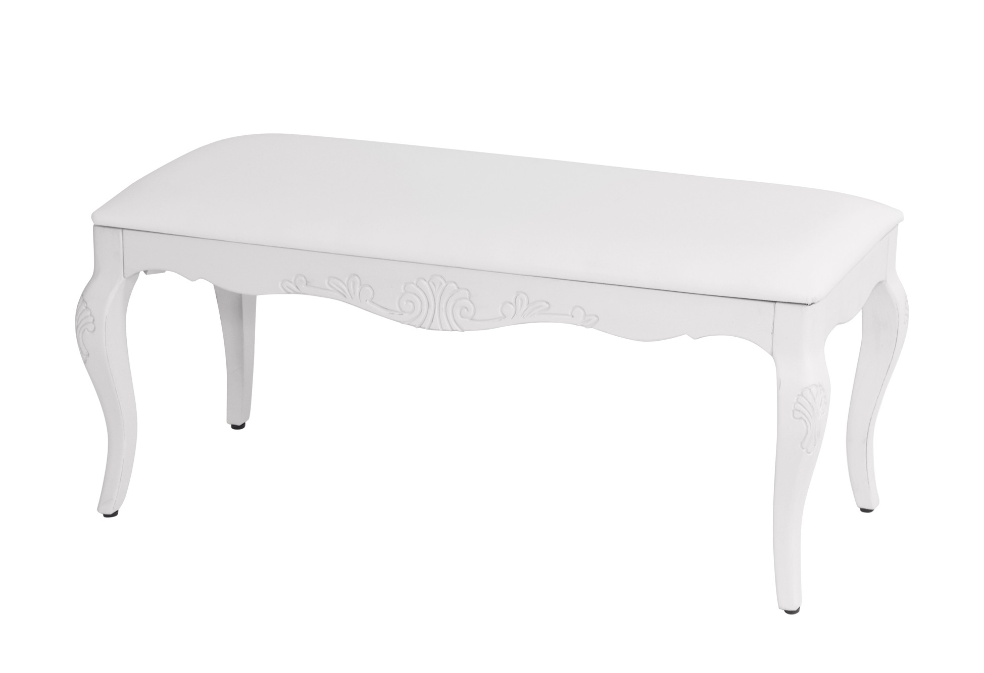 Levně Estila Provence designová lavice Antibes s bílým látkovým čalouněním a masivními zaoblenými nožičkami bílá 100cm