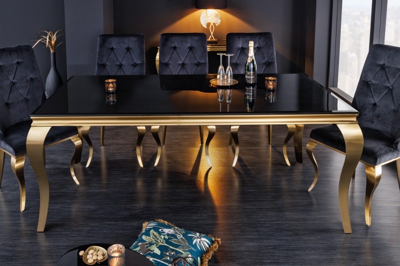 Levně Estila Barokní jídelní stůl Gold Barock v moderním stylu zlatá konstrukce a černé opálové sklo 200cm