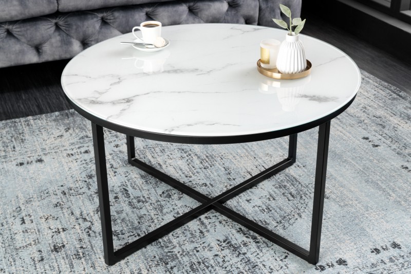 Levně Estila Moderní bílý kulatý konferenční stolek Industria Marbleux s mramorovým vzhledem s černou kovovou podstavou 80cm