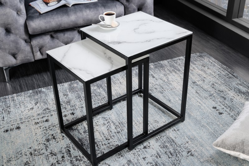 Estila Moderní set příručních stolků Industria Marbleux s černou kovovou podstavou v provedení mramor bílý 55cm