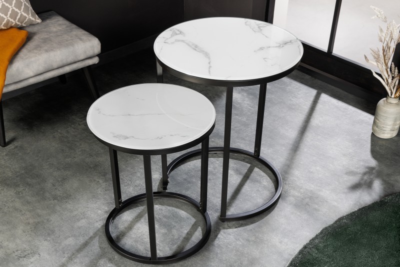 Levně Estila Designový kulatý set příručních stolků Industria Marbleux v moderním stylu v provedení bílý mramor 60cm