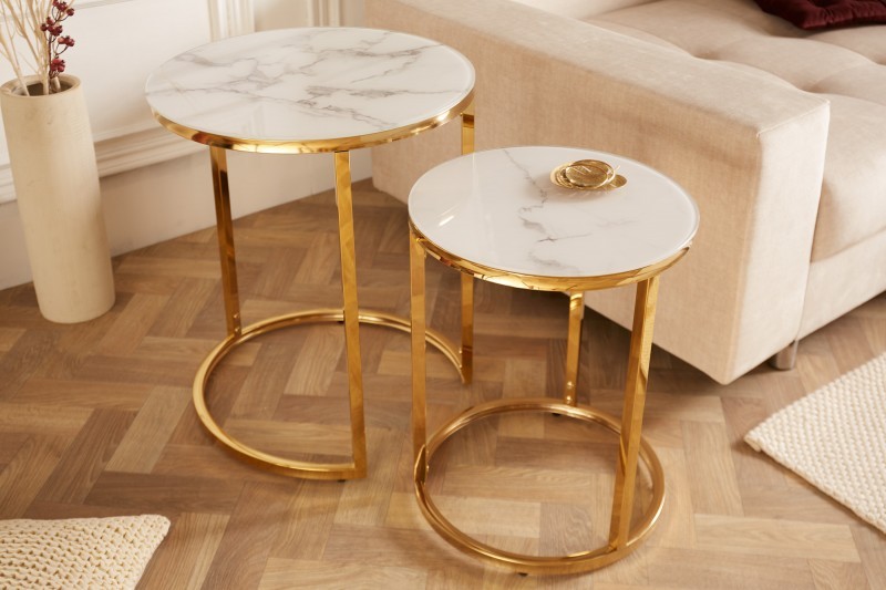 Estila Art-deco set příručních stolků Gold Marbleux v moderním stylu s kovovou postavou zlaté barvy s mramorovým vzhledem 60cm
