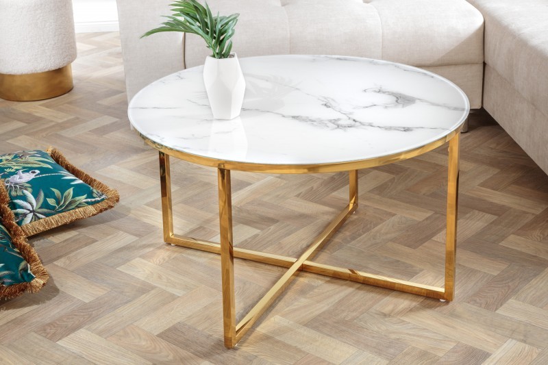 Estila Art-deco kulatý konferenční stolek Gold Marbleux s bílým mramorovým vzhledem s kovovou podstavou zlatá 80cm