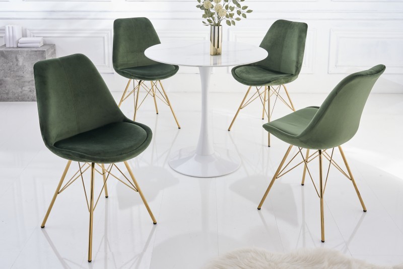 Estila Art deco designová jídelní židle Scandinavia s tmavě zeleným sametovým potahem a zlatýma nohama z kovu 86cm