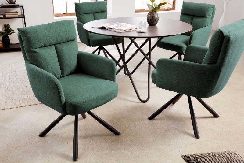 Estila Designová retro otoční židle Dover v tmavě zeleném provedení s područkami a černými kovovými nohami 92cm