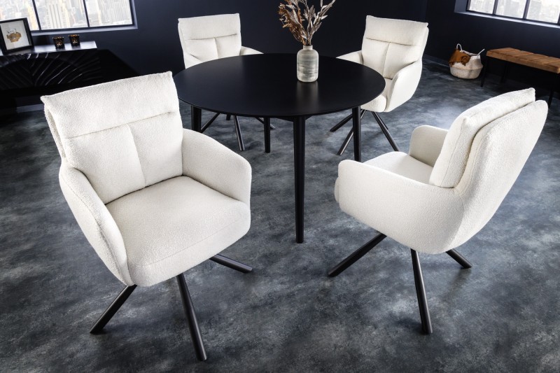 Levně Estila Retro designová otočná židle Dover s bílým textilním čalouněním as černýma nohama z kovu 92cm