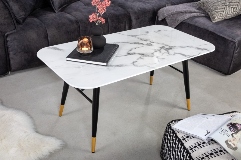 Estila Art deco mramorový konferenční stolek Nudy s bílou povrchovou deskou a černým kovovým nohama 110cm