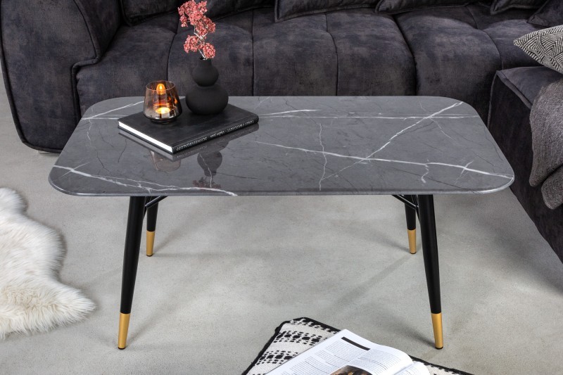 Estila Art deco mramorový konferenční stolek Nudy v antracitovém provedení s černými kovovými nohami se zlatými prvky 110cm