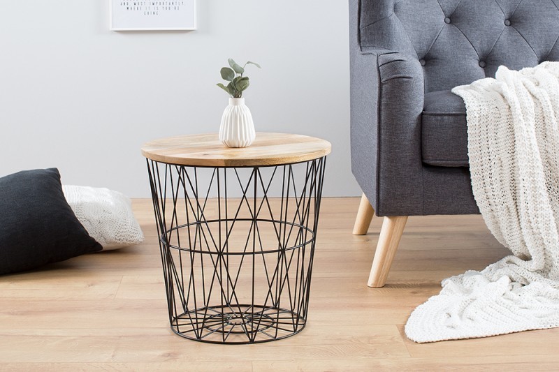 Estila Konferenční kulatý stolek Indy s proplétanou kovovou černou konstrukcí a vrchní mangovou deskou 42cm