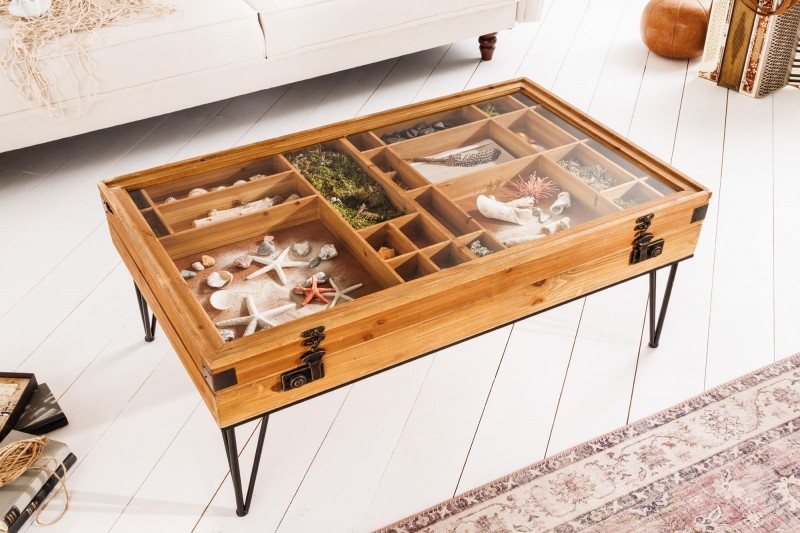 Estila Industriální obdélníkový konferenční stolek Ratta z hnědého masivu se skleněnou vrchní deskou s úložným prostorem 100cm