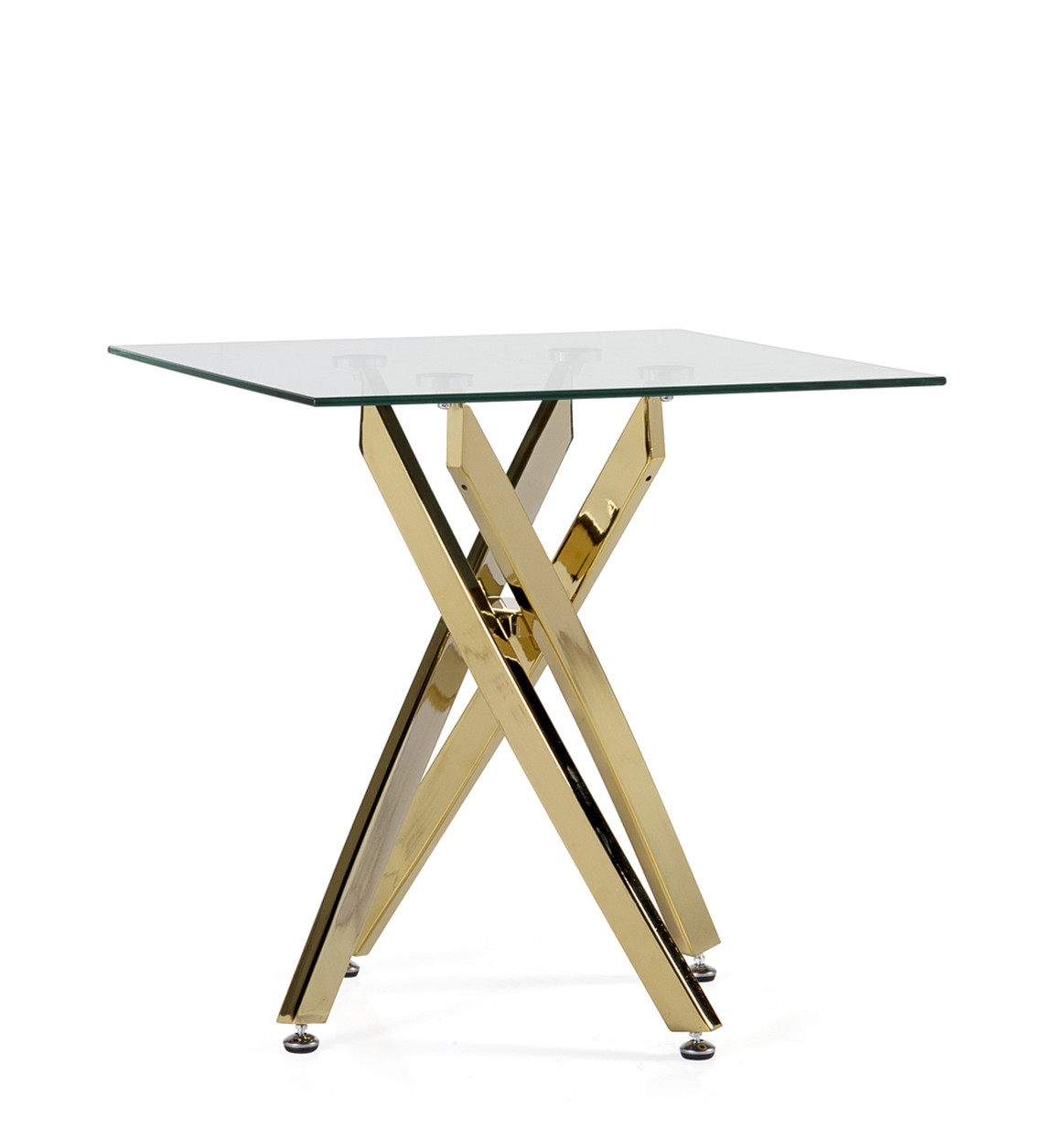 Levně Estila Art-deco čtvercový příruční stolek Brilia se zlatou podstavou a skleněnou povrchovou deskou 55cm