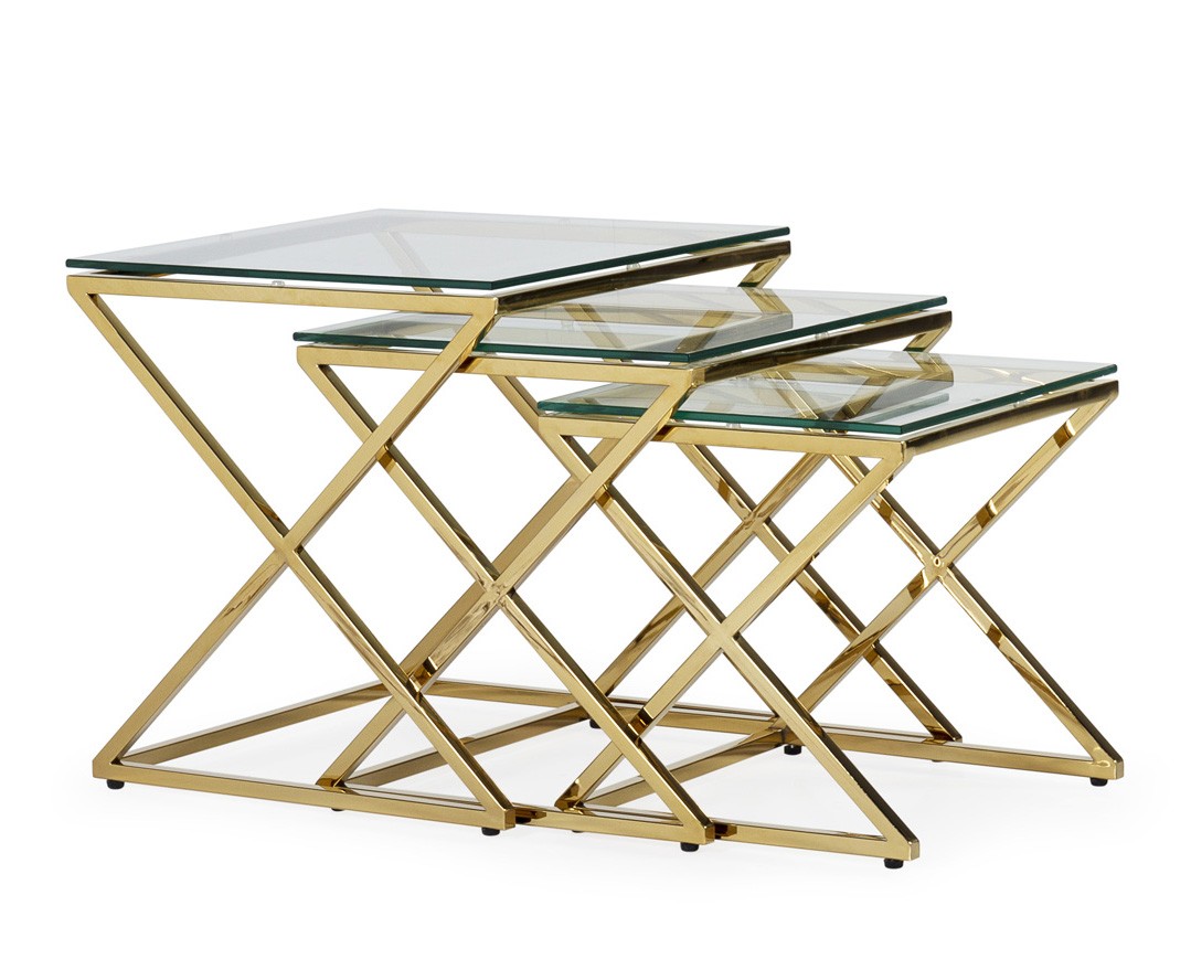 Levně Estila Art deco set tří skleněných příručních stolků Brilia s kovovou konstrukcí lesklé zlaté barvy