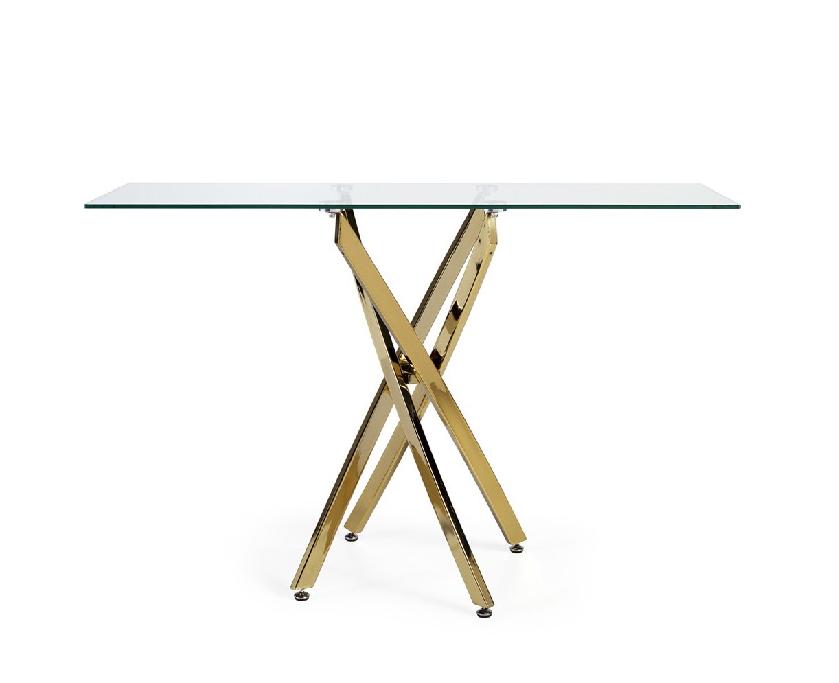 Estila Art deco konzole Brilia s překříženýma nohama zlaté barvy a skleněnou povrchovou deskou 120cm