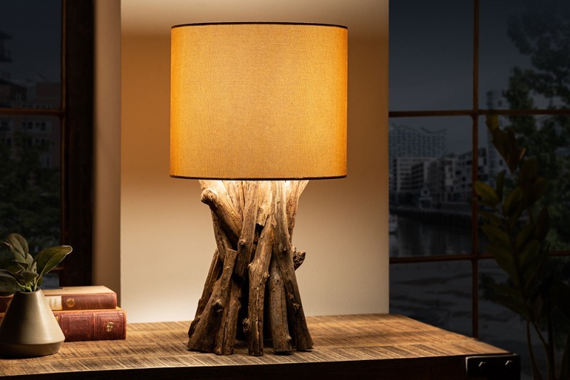 Estila Venkovská stolní lampa Missle z přírodního teakového dřeva s kulatým béžovým stínítkem 50cm