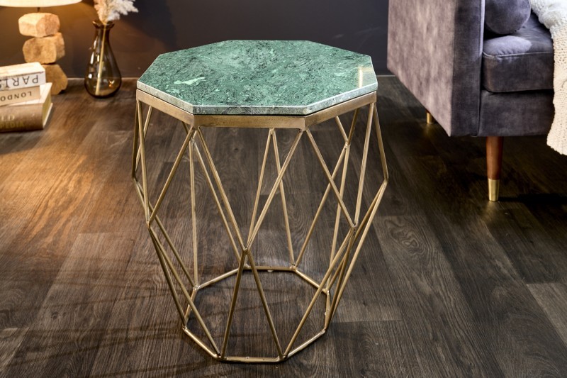 Levně Estila Art-deco příruční stolek Diamond Marble s kovovou podstavou ve zlaté barvě v provedení zelený mramor 50cm
